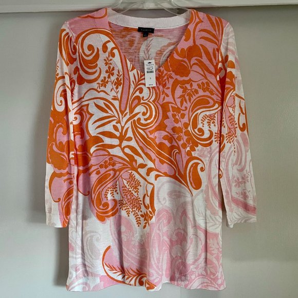 NWT Talbots Pink/Orange Paisley V Neck  3/4 Sleeve Pullover Cotton Sweater Top S - Picture 3 of 8